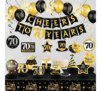 Kit de Décorations 70e Anniversaire, Comprenant Bannière d'Anniversaire Cheers To 70 Years Ballons en Or Noir Tourbillons Suspendus 70e Centres de Table en Nid d'Abeille et Nappe Jetable