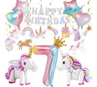 Kit de décorations d'anniversaire avec ballons 3D autoportants en forme de licorne, étoile et cœur, tourbillons à suspendre pour filles sur le thème de la princesse (décorations d'anniversaire de 7