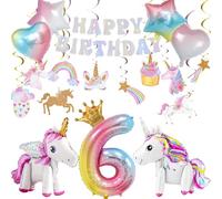 Kit de décorations d'anniversaire avec ballons 3D autoportants en forme de licorne, étoile et cœur, tourbillons à suspendre pour filles sur le thème de la princesse (décorations d'anniversaire de 6