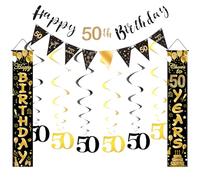 Kit de décorations d'anniversaire pour 50e anniversaire, bannière « Happy 50th Birthday » pour homme et femme, fanions tourbillons et serpentins, bannière triangulaire pour décoration de fête