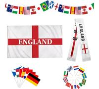 Kit de décorations de fête de la Coupe du monde 2026 : 1 bannière de fanions de 10 m, 1 drapeau de l'Angleterre de 90 x 150 cm, 1 écharpe d'Angleterre, 48 drapeaux à main de pays, 48 cure-dents pour
