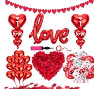 Kit de décorations de Saint-Valentin - Ballons en aluminium en forme de cœur avec inscription « I Love You » à suspendre, guirlande de 1 000 pétales de rose rouge pour Saint-Valentin, mariage,