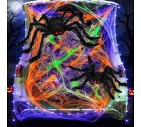 Kit de décorations d'Halloween pour coffre ou friandises, décoration de voiture avec 2 araignées géantes, 50 petites araignées, toile d'araignée extensible, 2 guirlandes lumineuses violettes pour SUV
