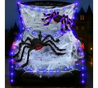 Kit de décorations d'Halloween pour coffre ou friandises, décoration de voiture avec 2 araignées géantes, 50 petites araignées, toile d'araignée extensible, 2 guirlandes lumineuses violettes pour SUV