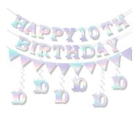Kit de décorations irisées pour 10e anniversaire pour filles et garçons, bannière d'anniversaire pré-montée avec tourbillons suspendus, accessoires photo d'intérieur et d'extérieur, fournitures de