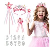 Kit de Déguisement Anniversaire Couronne Princesse Licorne Chapeau en Tissu et Chiffres Interchangeables de 0 à 9 avec Baguette Magique et Badge Rose DIY Cadeau Décoration pour Fête Anniversaire Fille
