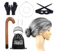 Kit de déguisement de gangster pour grand-mère comprenant une perruque grise de vieille dame gonflable, un masque pour les yeux, un collier, des bijoux en perles, des sacs de bague, un cambrioleur, un