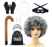Kit de déguisement de gangster pour grand-mère comprenant une perruque grise de vieille dame gonflable, un masque pour les yeux, un collier, des bijoux en perles, des sacs de bague, un cambrioleur, un