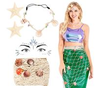Kit de Déguisement de Sirène Filet de Pêche avec Coquillages Accrochés et Bandeau Coquillage Barrette à Cheveux Étoile de Mer avec Autocollant Strass Gemmes de Visage Déco Costume pour Fête Carnaval