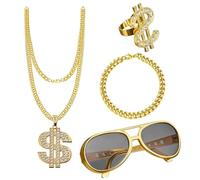 Kit De Déguisement Hip Hop 4 Pièces - Accessoires Vintage Années 80/90 Pour Adultes | Fausse Chaîne Et Bracelet En Or, Collier Signe Dollar, Bague Rappeur Et Lunettes Hippie, Costume Thématique Pour S