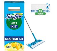 Swiffer Balai Lingettes Imprégnées pour Parquet avec Action de Brossage, Kit de Démarrage (1 Balai + 6 Lingettes), Pouvoir Nettoyant contre les Taches Sèches, Dissolution Puissante de la Saleté