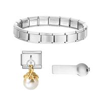 Kit de démarrage bracelet charme italien 3-en-1, bracelet en acier inoxydable doré 9mm avec charms et outil, compatible avec charms italiens (perle)