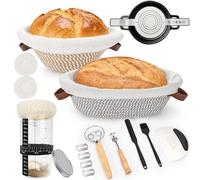 Kit de démarrage de 21 pièces pour paniers de fermentation du pain, panier banneton rond de 25,4 cm et ovale de 30,5 cm en corde de coton avec kit de bocal de levain, doublures et couvercles, outils