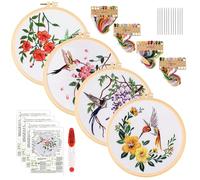 Kit de Démarrage de Broderie, 4 Pièces Kit de Broderie, Motif Colibri et Fleurs Kit Broderie, Kit Point de Croix avec Cercle à Broder, Tissu à Broder, Aiguilles et Fils de Couleur, Anneau Bambou