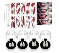 Kit de dent de Vampire,Crocs de Vampire 4 Tailles Personnalisés Dents de Faux Dentiers avec 1 Tube Adhésif avec 10 temporaires artificiels cicatrices,Tatouages de maquillage pour zombie Halloween