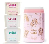 Kit de Déodorant Naturel Rechargeable Wild en Collaboration avec Disney | Comprend un Étui Disney Princesses en Édition Limitée Parfums Cherry Blossom, Fresh Cotton & Sea Salt et Coconut & Vanilla