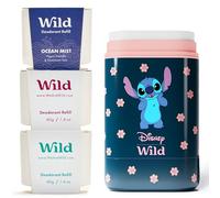 Kit de Déodorant Naturel Rechargeable Wild en Collaboration avec Disney | Comprend un Étui Lilo & Stitch en Édition Limitée Parfums Ocean Mist, Fresh Cotton & Sea Salt et Coconut & Vanilla