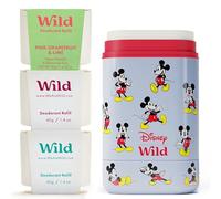 Kit de Déodorant Naturel Rechargeable Wild en Collaboration avec Disney | Comprend un Étui Mickey Mouse en Édition Limitée Parfums Pink Grapefruit, Fresh Cotton & Sea Salt et Coconut & Vanilla