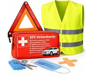Kit de dépannage automobile 3 en 1 testé 2025 et accessoires de voiture - trousse de premiers secours pour voiture avec trousse de premiers secours, gilet de sécurité et triangle de signalisation pour