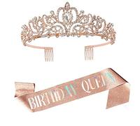 Kit de diadème d'anniversaire avec écharpe et strass - 21, 30, 40, 50, 60e anniversaire - Pour femme - Or rose