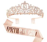 Kit de diadème d'anniversaire avec écharpe et strass Couronne d'anniversaire Écharpe Birthday Girl Sash Tiara en Cristal 15 Ans, 16 Ans, 18 Ans, 21 Ans 30Ans 40 Ans pour Fille femme Or rose
