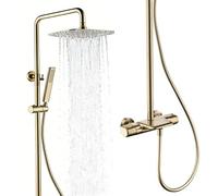 Kit de douche d'extérieur avec pommeau de douche à effet pluie réglable en hauteur et robinet de douche mural exposé pour jardin, or brossé
