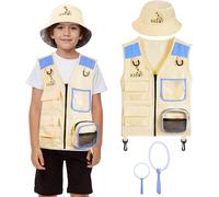 Kit de Exploration Enfant,4Pcs Kit de Aventurier Extérieur avec Gilet de Safari,Chapeau,Filet à Papillon,Loupe,Équipement de Explorateur Extérieur,Cadeau de Jouets Exploration pour Enfant
