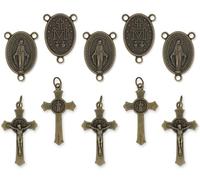 Kit de fabrication de chapelet italien en bronze pour 5 chapelets - Chapelet catholique croix et centre avec crucifix de Saint Benoît de 3,8 cm et chapelet de médaille miraculeuse de 2,5 cm Lot de 5