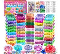 Kit de Fabrication de Slime 50 Couleurs pour Filles, Crystal Clear Slime, Glow in The Dark Slime, avec Boules en Mousse Ajoutées, Breloques, Paillettes, Jouet Cadeau pour Enfants