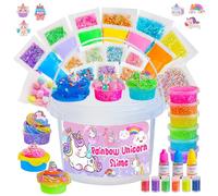 Kit de fabrication de slime transparent avec 36 compléments et base préfabriquée de 45 ml - Kit de fabrication de slime arc-en-ciel dans un seau pour enfants, cadeau pour filles et garçons âgés de 8 à