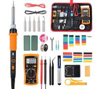 Kit de fer à souder avec multimètre numérique LCD, fer à souder 60 W avec 5 pointes de rechange, support, pompe à dessouder, étain, pince à dénuder, pincette, ruban adhésif, sac à outils