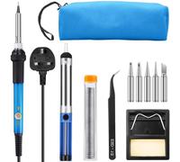 Kit de fer à souder électronique 60 W à température réglable avec 5 pointes de fer à souder, support de fer à souder, pompe à dessouder, fil à souder, pince à épiler et sac de transport portable