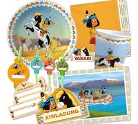 Kit de fête 108 pièces « Yakari indien » pour anniversaire d'enfant et fête à thème avec assiettes, gobelets, serviettes, sets de table, invitations, pailles en papier, ballons et plus encore