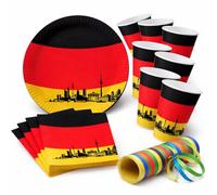 Kit de fête haut de gamme Allemagne Coupe du Monde 2026 - 40 pièces : 10 assiettes, 10 gobelets, 20 serviettes et serpentins - Design noir/rouge/doré - Décoration pour fan de football et anniversaire