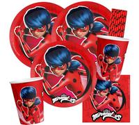 Kit de fête Miraculous Ladybug - 36 pièces - Assiettes en carton, gobelets, serviettes + 8 pailles pour anniversaire d'enfant