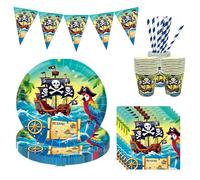 Kit de fête pirate 56 pièces pour 10 enfants - Décoration d'anniversaire avec assiettes, gobelets, serviettes, fanions et pailles - Décoration d'anniversaire jetable pour garçons et filles - Coffre