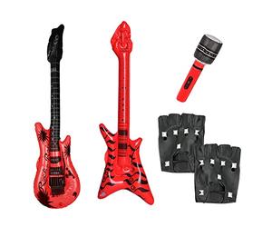 Kit de fête Punk Rock 4 pièces, Guitare Gonflable, Basse Gonflable, Gants en Cuir PU avec Rivets, Accessoires de vêtements Disco Heavy Metal des années 70, 80 et 90, Spectacles, fêtes.