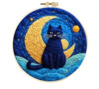 Kit de feutrage à l'aiguille Meecaa pour débutants, ciel étoilé avec chat et lune, DIY comprenant fournitures de feutre en laine, cercles à broder, belle peinture en laine et outils de feutrage à