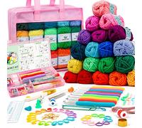 Kit de fil à crochet pour débutants, adultes et enfants, comprend 1 600 m, 30 écheveaux en acrylique de couleurs, manuel de l'utilisateur, crochets, sac rose, etc., pour réaliser des projets d'amigurumi et de crochet, kit de démarrage pour professionnels