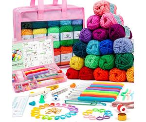 Kit de fil à crochet pour débutants, adultes et enfants, comprend 1 600 m d'écheveaux en acrylique de 30 couleurs, un manuel de l'utilisateur (français non garanti), des crochets, un sac rose, etc