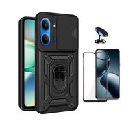 Kit De Film En Verre Trempé À Coque Complète 5D + Couvercle Coulissant De Défenseur Militaire Magnétique + Support Magnétique De Voiture PHONECARE Pour Xiaomi Redmi 15C 4G - Noir