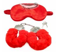 Kit de fitness pour chambre à coucher avec menottes et cache-yeux, jeu de rôle confortable en fourrure pour jeux de nuit de carnaval - FRHC01a (Rouge)