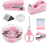 Kit De Fournitures De Bureau Rose,Accessoires Bureau Papeterie Kawaii,Comprenant Agrapheuse Bureau,Ôte-Agrafe,Agrafes,Marque Page Adhésif,Dévidoir De Ruban Adhésif,Ciseaux,Pince,Ruban