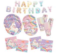Kit de fournitures de fête d'anniversaire licorne pour 16 invités - pour décorations d'anniversaire licorne, comprend des assiettes à dîner et à dessert, des serviettes, des tasses et une bannière