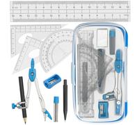 Kit de géométrie mathématique pour étudiants - Ensemble 4 en 1 avec boussole, rapporteur, carré et règle | Étui portable compact | Bleu classique | Idéal pour l'école, les cours de mathématiques et