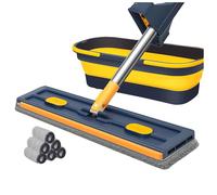 Kit de grande serpillère plate pour la maison - Système de serpillère plate et seau - Balai pour nettoyage des sols et des murs - Avec seau pliable et 6 tampons en microfibre (bleu)