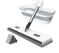 Kit de grande serpillère plate pour la maison - Système de serpillère plate et seau - Balai pour nettoyage des sols et des murs - Avec seau pliable et 6 tampons en microfibre (blanc)
