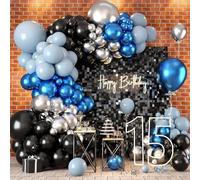 Kit de guirlande d'arche de ballons bleus métallisés et noirs, 118 ballons en latex pour anniversaire, mariée, fête prénatale, révélation du sexe, remise de diplôme, mariage, décorations de fête