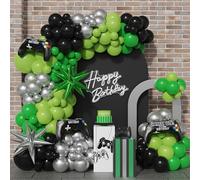 Kit de guirlande d'arche de ballons de jeu vidéo 144 pièces, vert, noir, argent, manette de jeu en mylar pour garçons et enfants, décorations de fête d'anniversaire sur le thème des cadeaux
