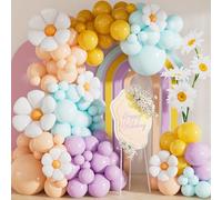 Kit de guirlande d'arche de ballons marguerites - 148 pièces d'arche de ballons pastel groovy avec ballons à fleurs en violet, bleu, orange, jaune pour anniversaire, fête prénatale, décorations de